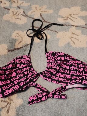 Wet Seal Black Bikini Top with Hot Pink Graphics